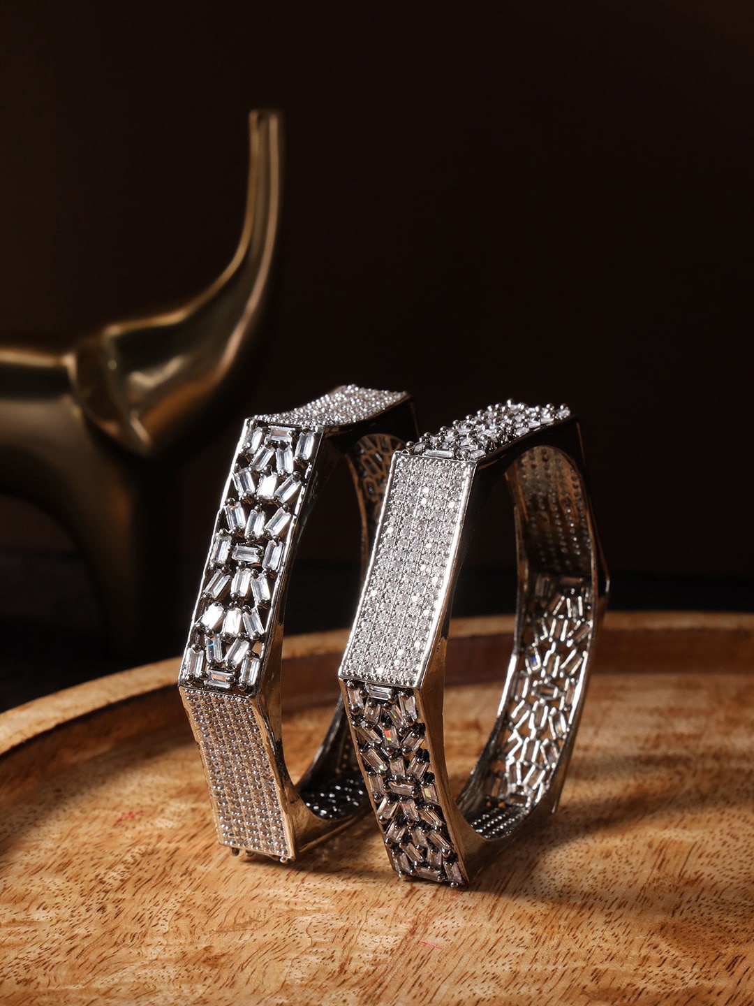 

justpeachy Set Of 2 Silver-Plated AD Studded Bangles