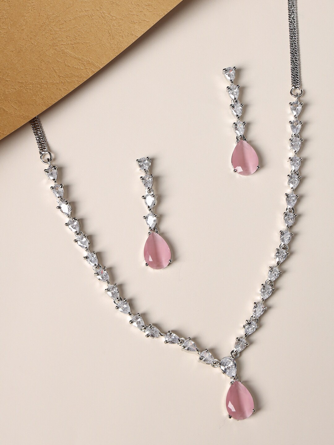 

justpeachy Silver-Plated American Diamond-Studded Jewellery Set