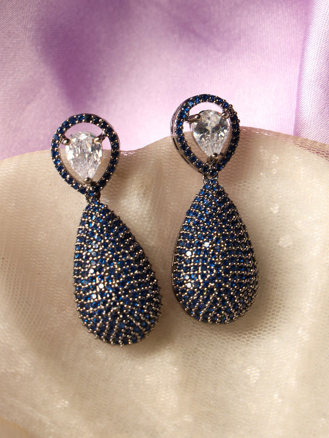 

justpeachy Silver-Plated Silver-Plated Studded Contemporary Drop Earrings, Blue