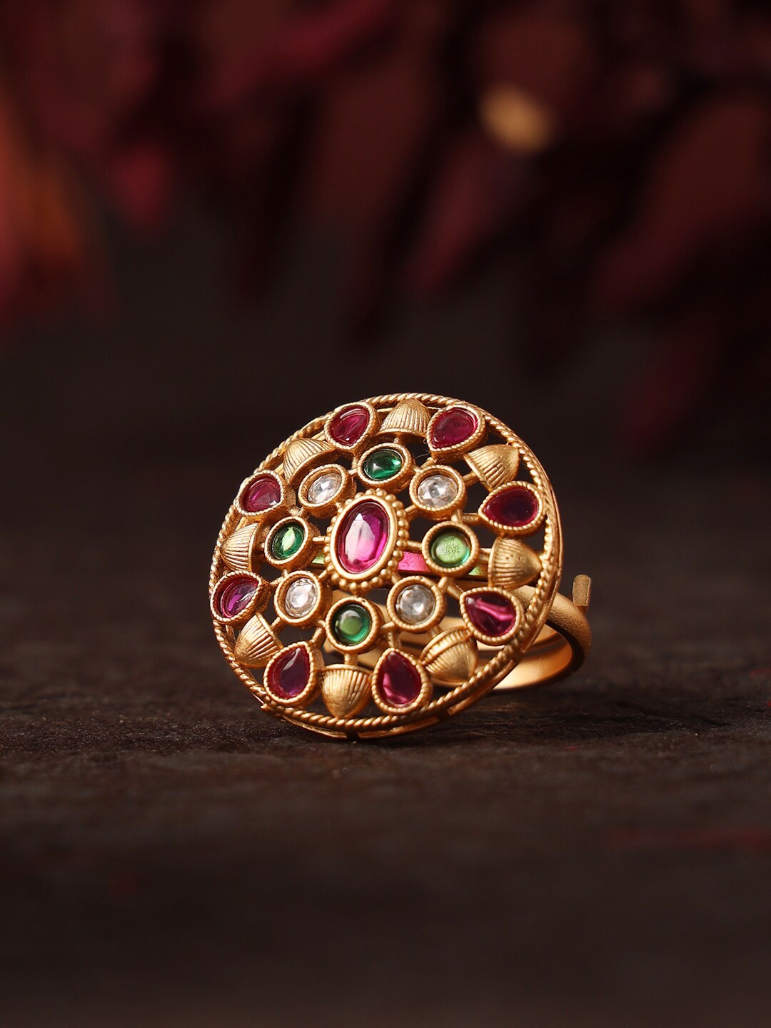 

justpeachy Gold-Plated Stone Studded Antique Adjustable Ring