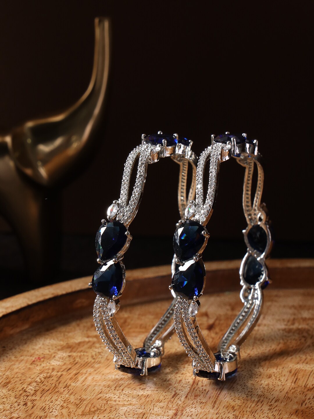 

justpeachy Set Of 2 Silver-Plated AD-Studded Bangles