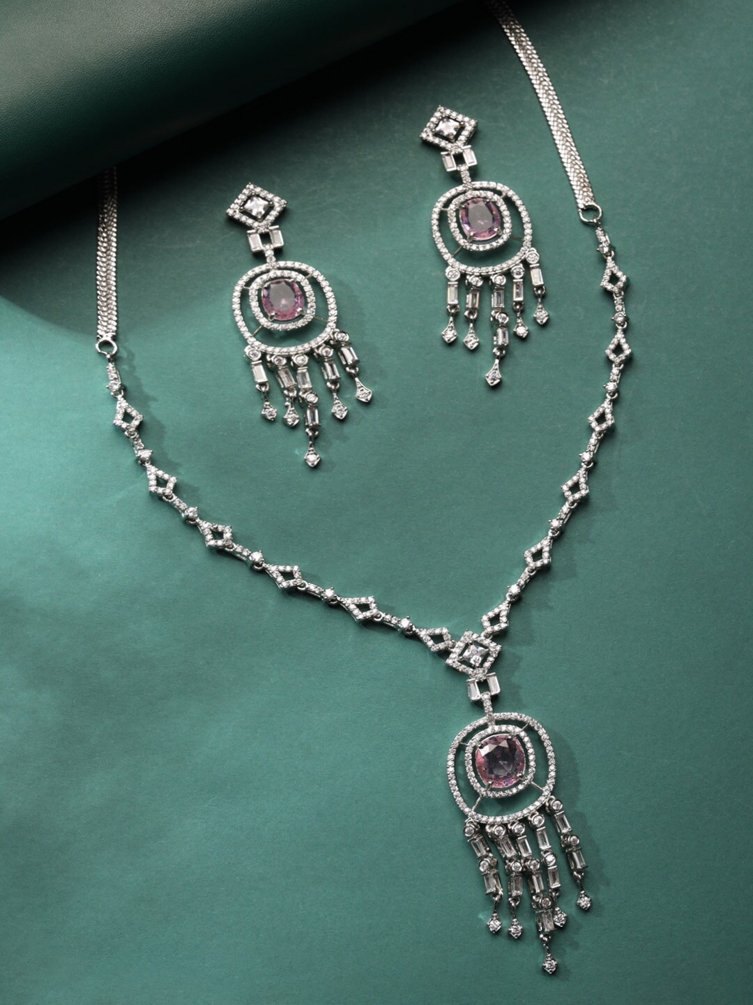 

justpeachy Silver-Plated American Diamond-Studded Jewellery Set
