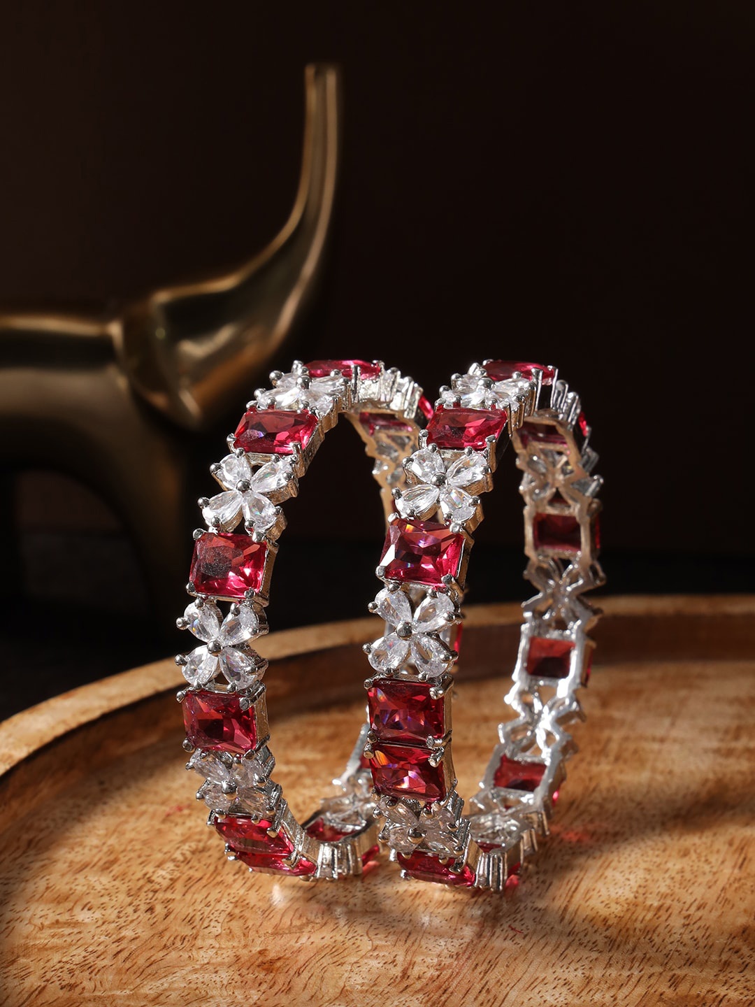 

justpeachy Set Of 2 Silver Plated American Diamond Studded Bangles