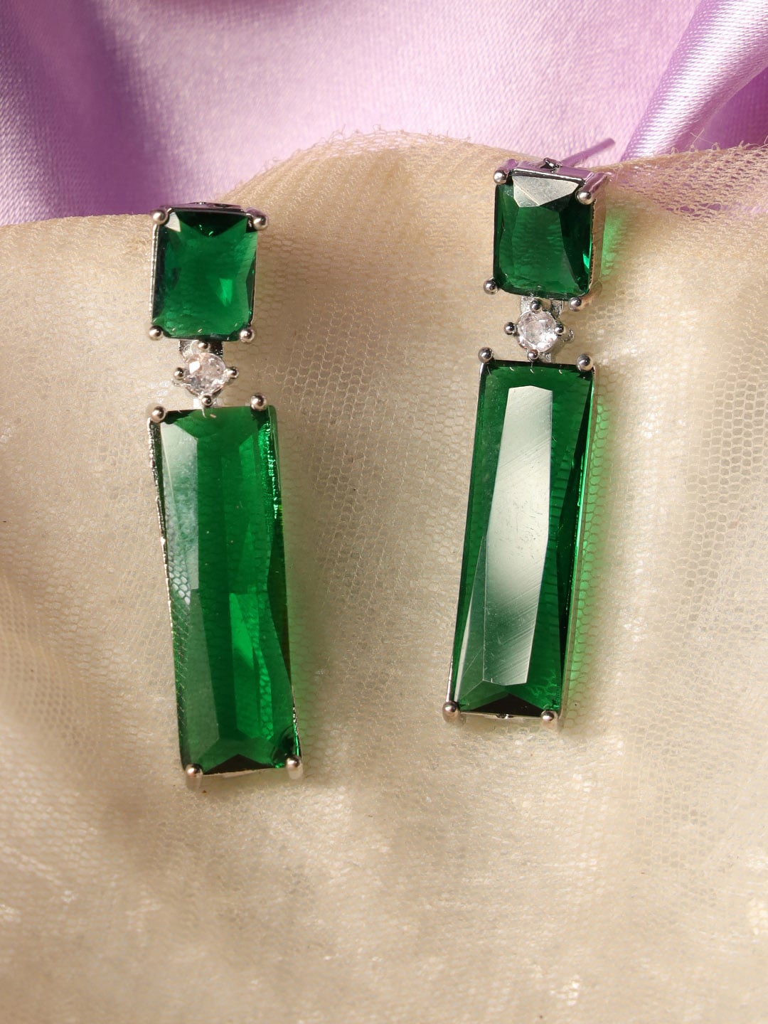 

justpeachy Silver-Plated Artificial Stones Studded Contemporary Drop Earrings, Green