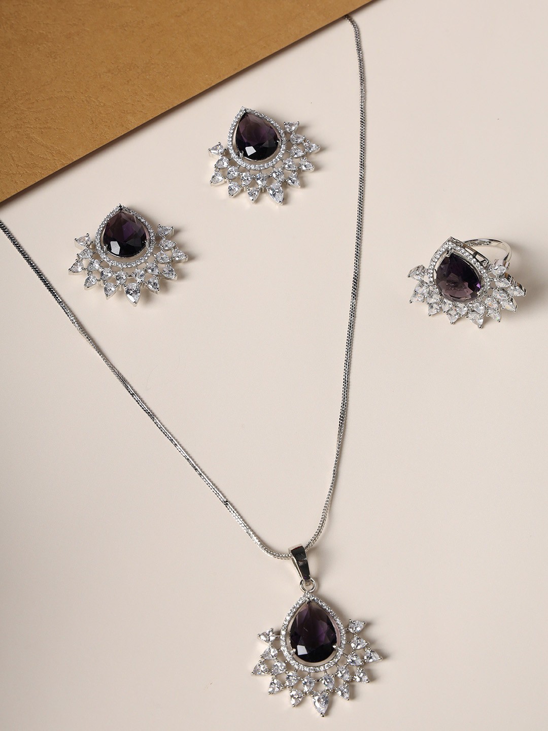 

justpeachy Silver-Plated American Diamond-Studded Jewellery Set