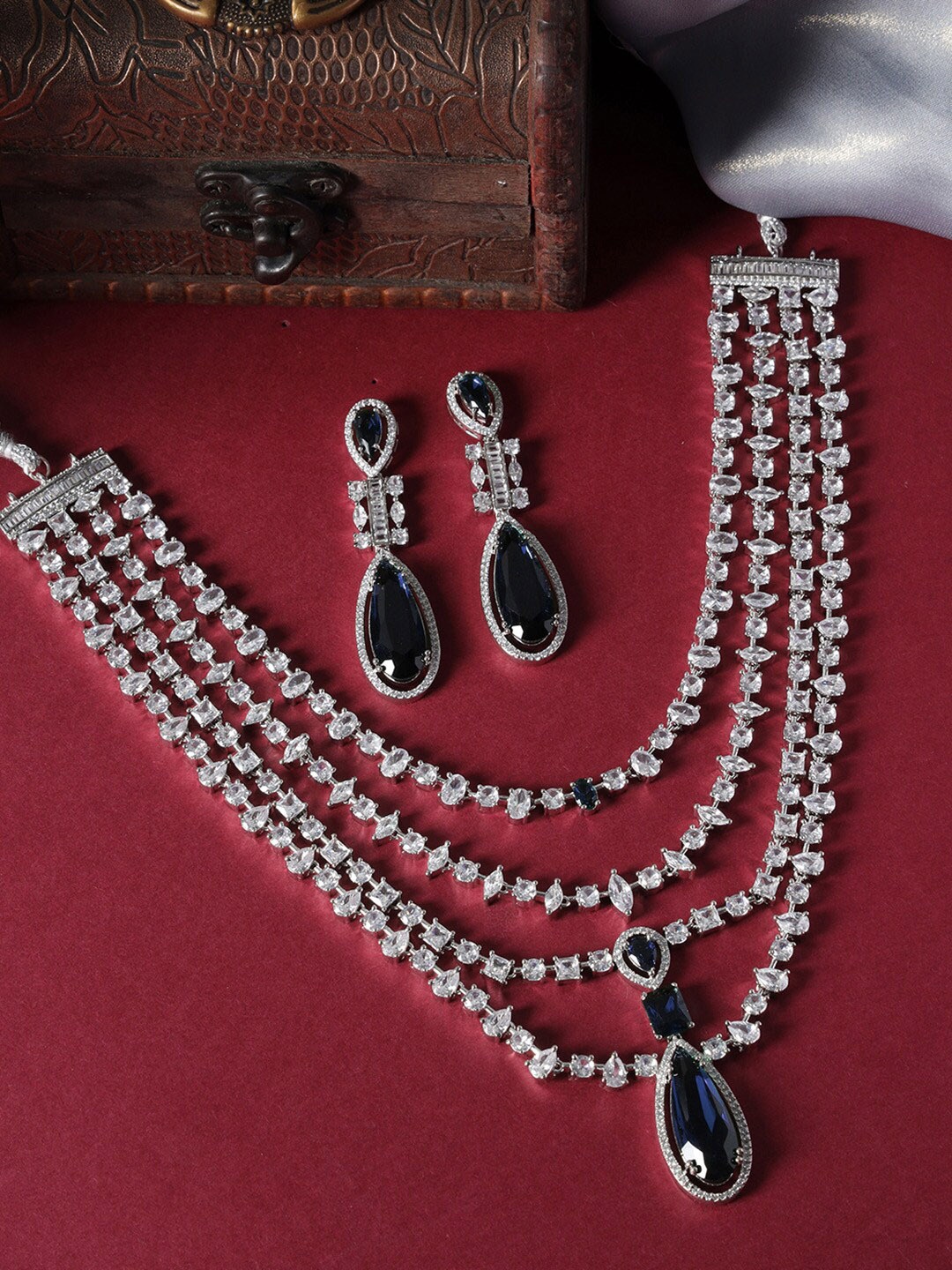 

justpeachy Silver-Plated American Diamond-Studded Jewellery Set