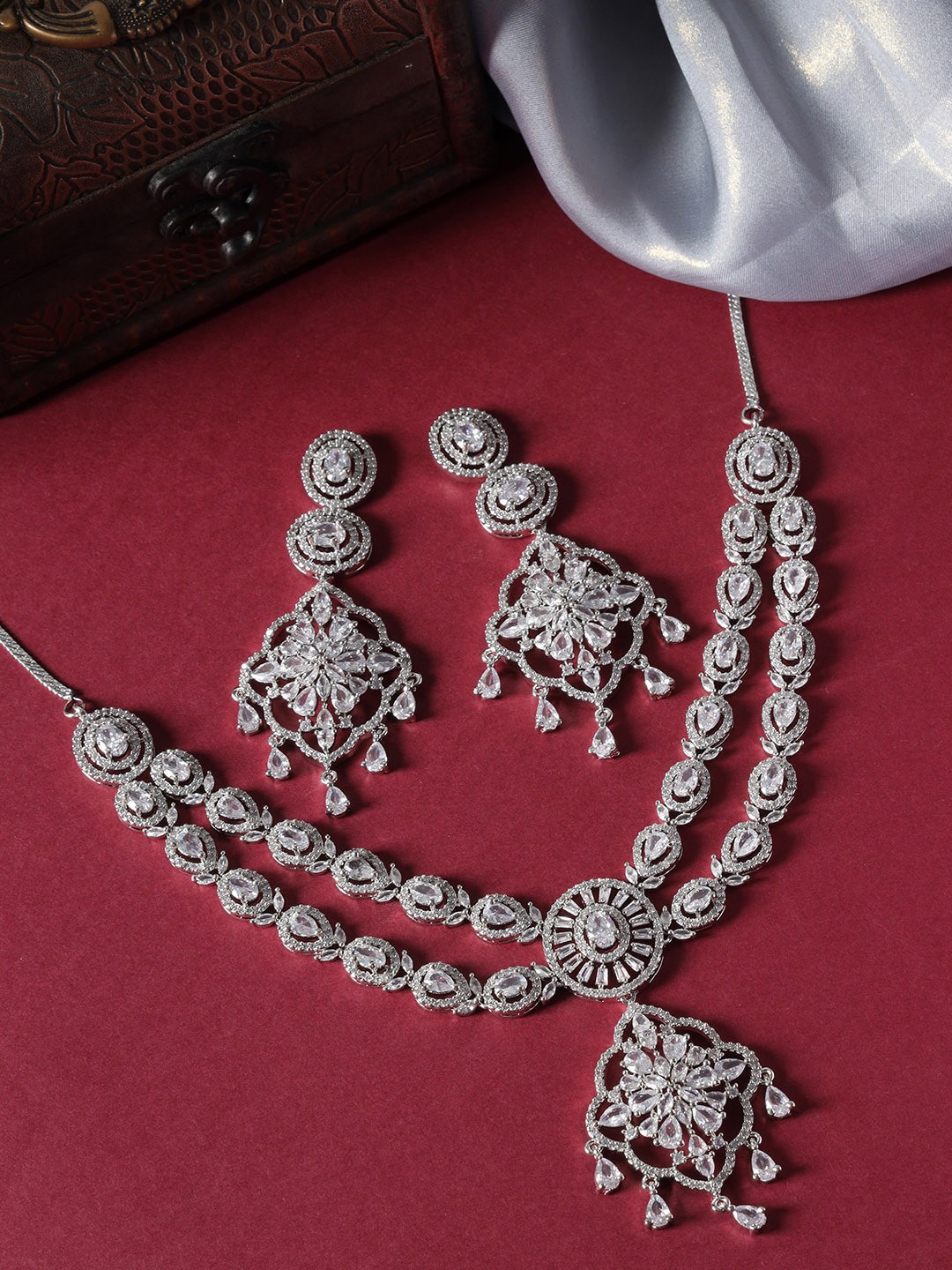 

justpeachy Silver-Plated American Diamond -Studded Jewellery Set