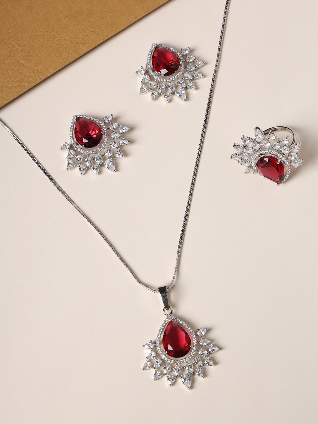 

justpeachy Silver-Plated American Diamond-Studded Jewellery Set