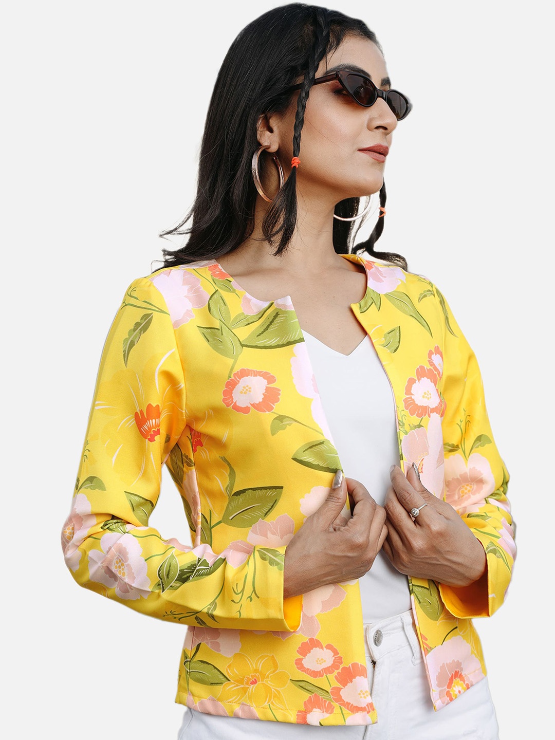 

NEOFAA Floral Printed Lightweight Satin Tailored Jacket, Yellow