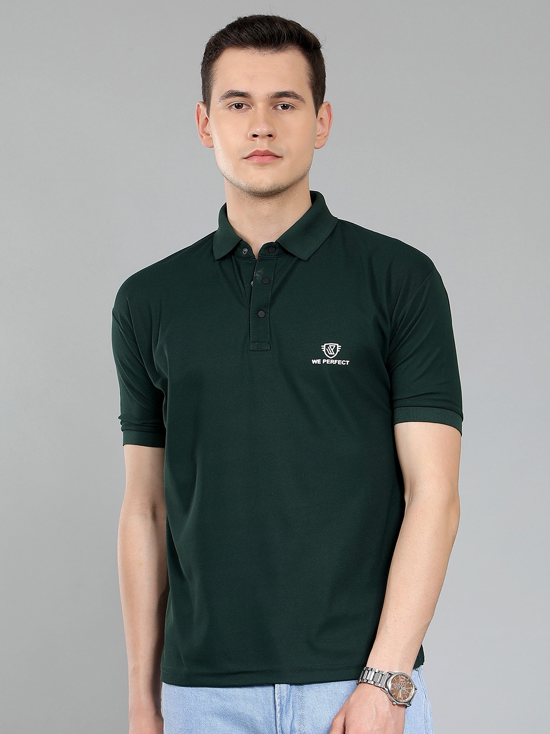 

WE PERFECT Men Polo Collar Applique T-shirt, Green