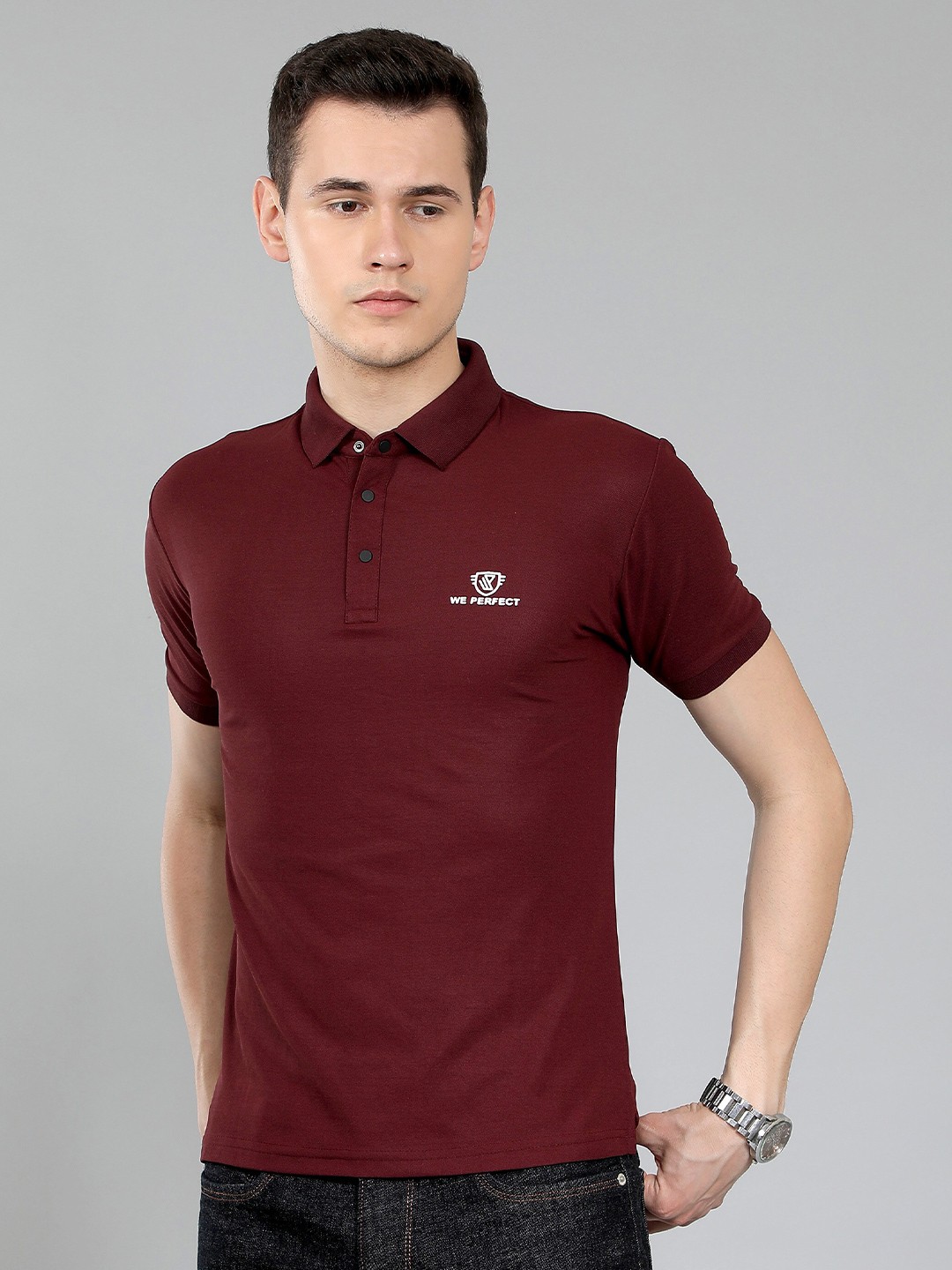 

WE PERFECT Polo Collar Cotton T-shirt, Maroon