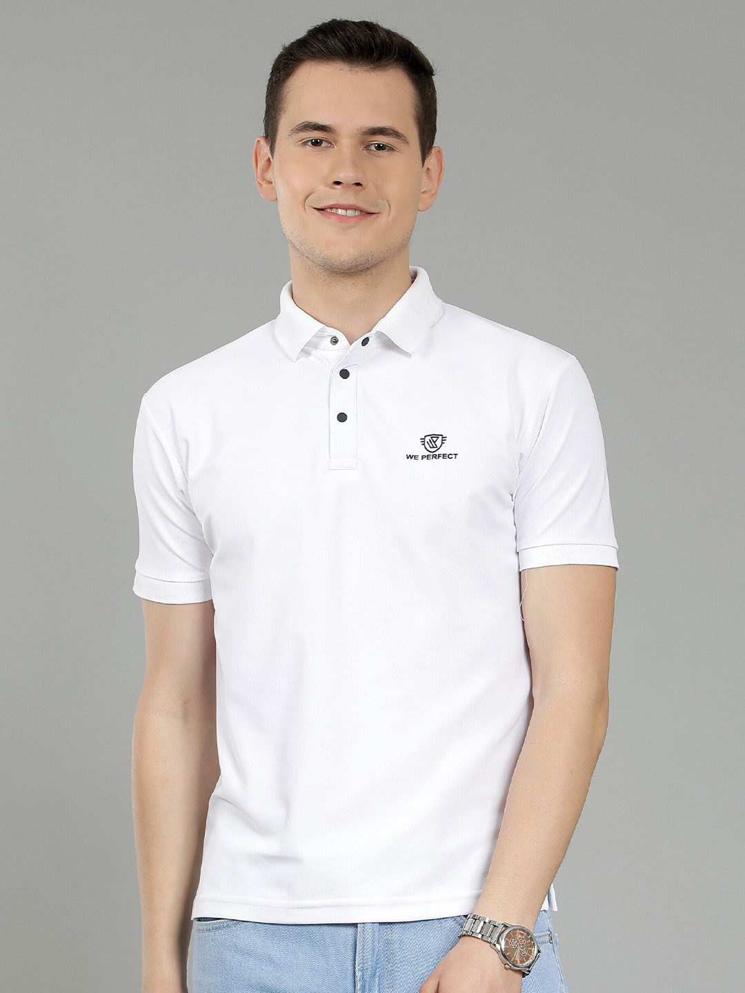 

WE PERFECT Men Polo Collar Applique T-shirt, White