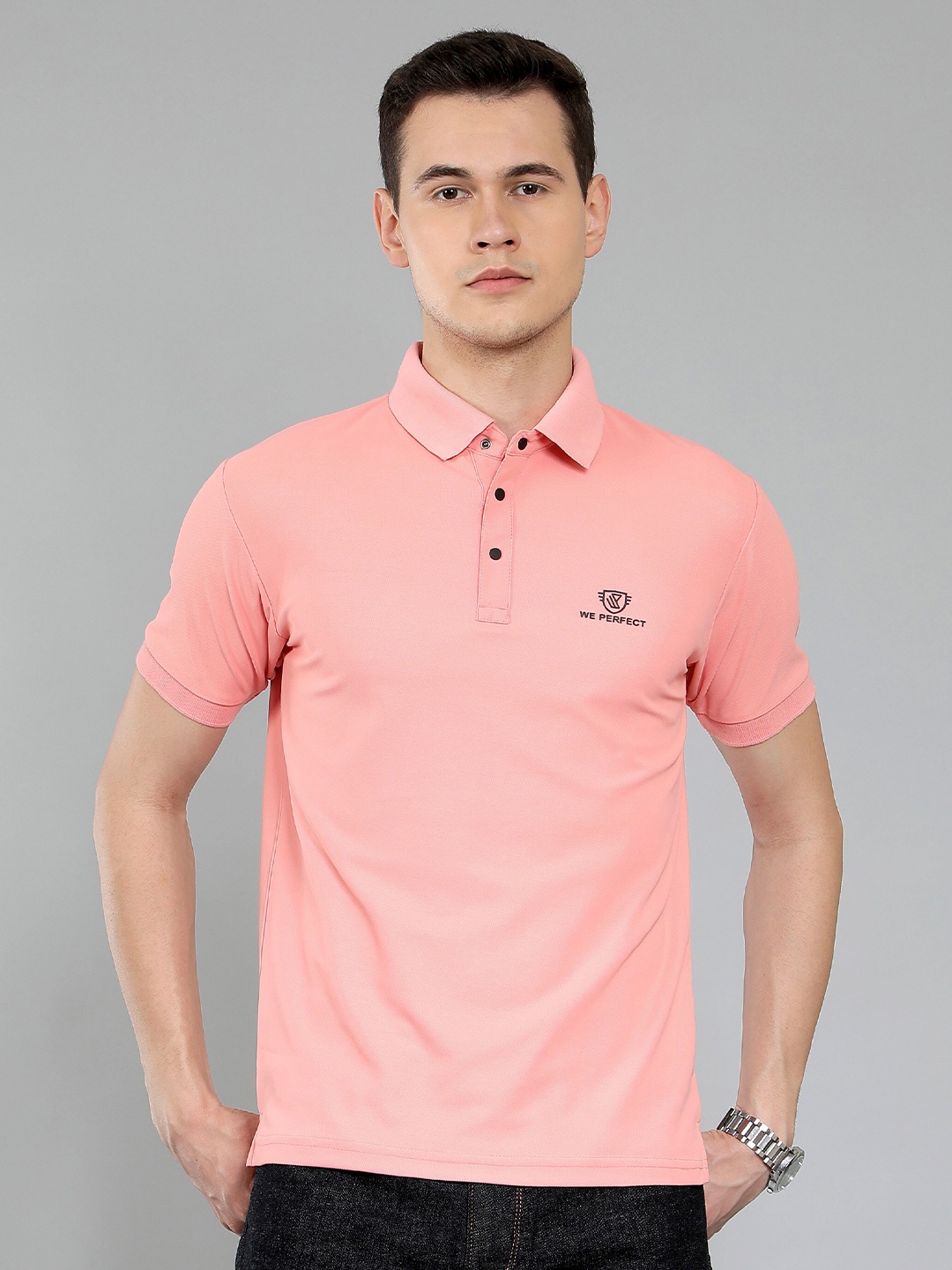 WE PERFECT Men Typography Polo Collar Applique T-shirt, Peach