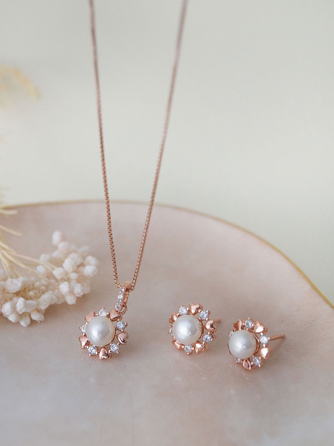 

MANNASH Sterling Silver Rose Gold Plated CZ-Studded & Beaded Pendant & Earrings