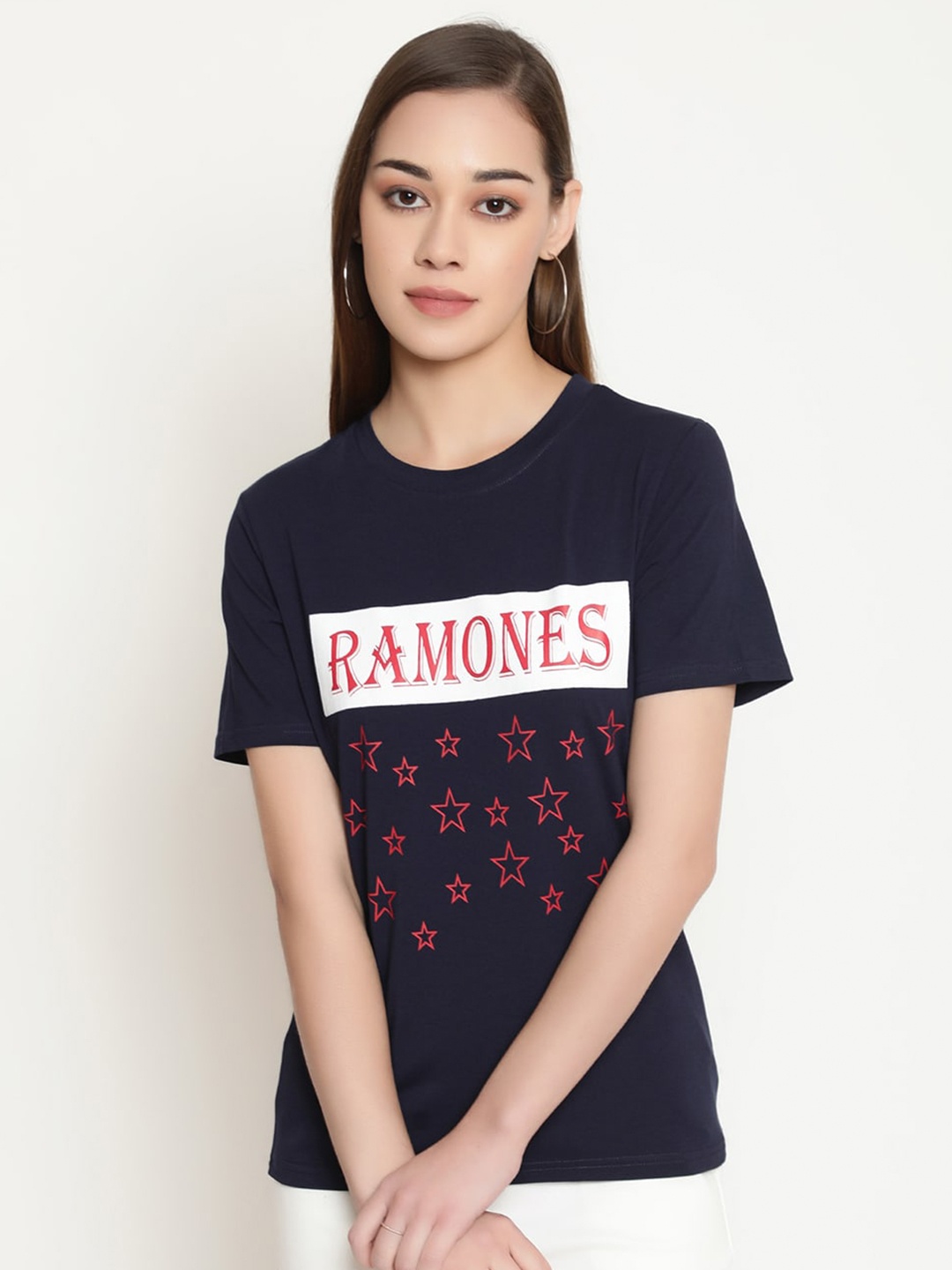 

FUTURO Women Typography Printed Applique T-shirt, Navy blue