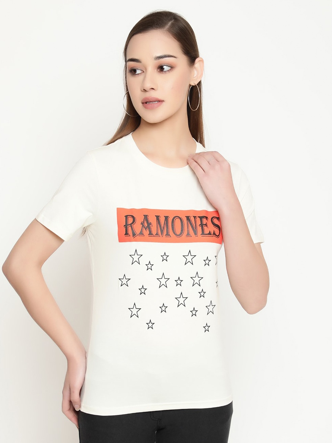 

FUTURO Women Typography Printed Applique T-shirt, Off white