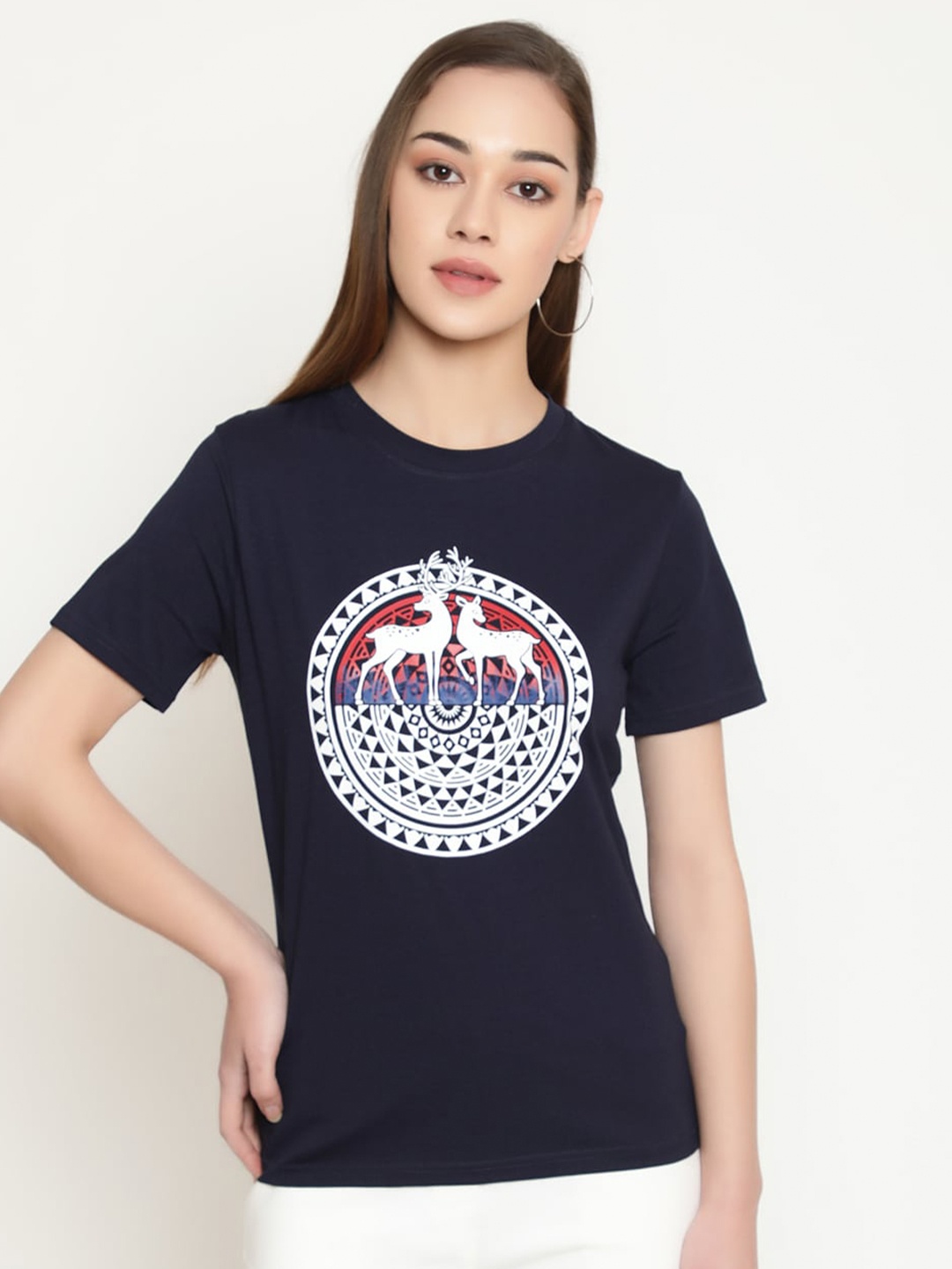 

FUTURO Women Typography Printed Pockets T-shirt, Navy blue