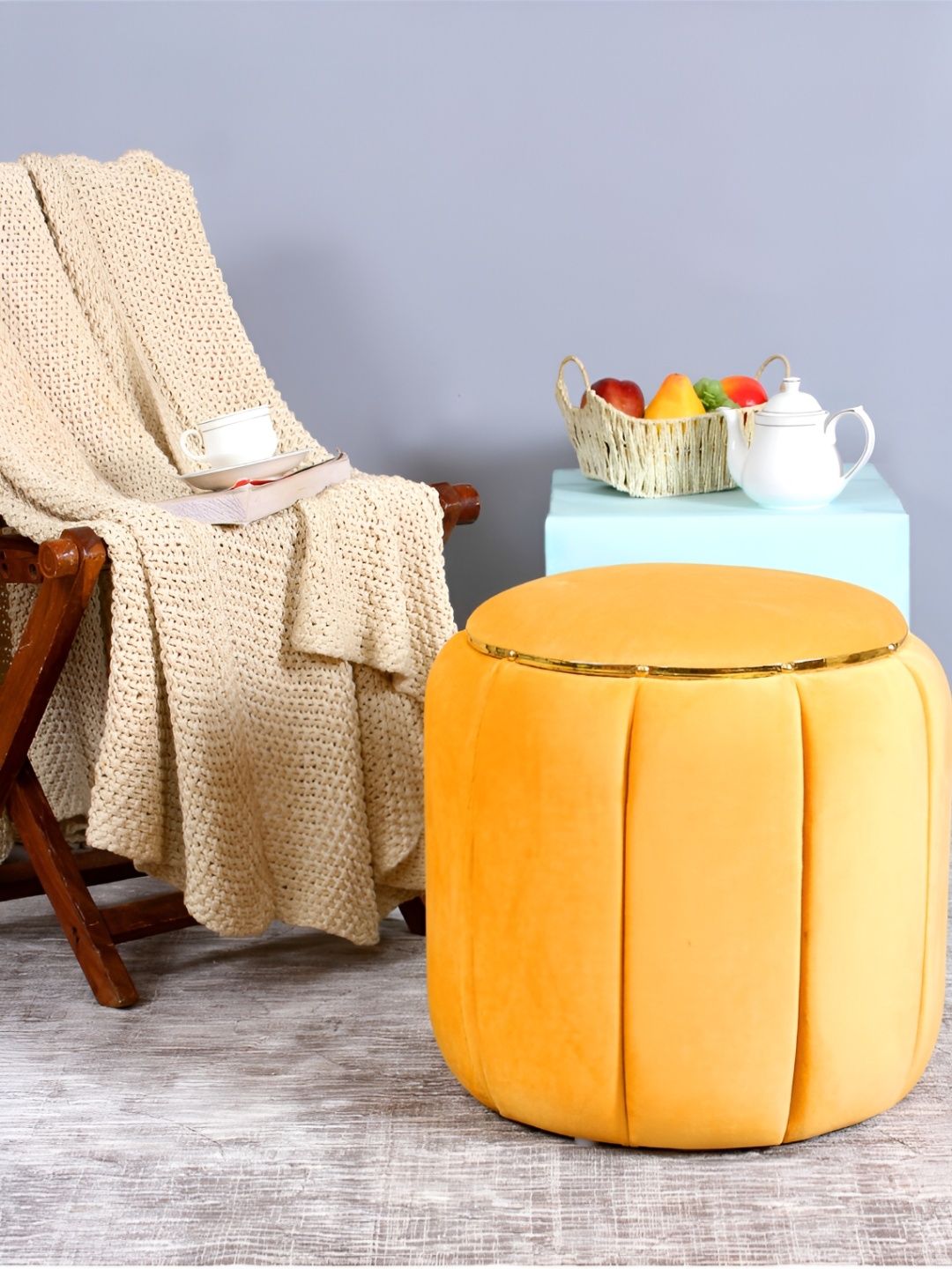 

Shadowkart Yellow & Gold-Toned Wooden Cylindrical Ottoman