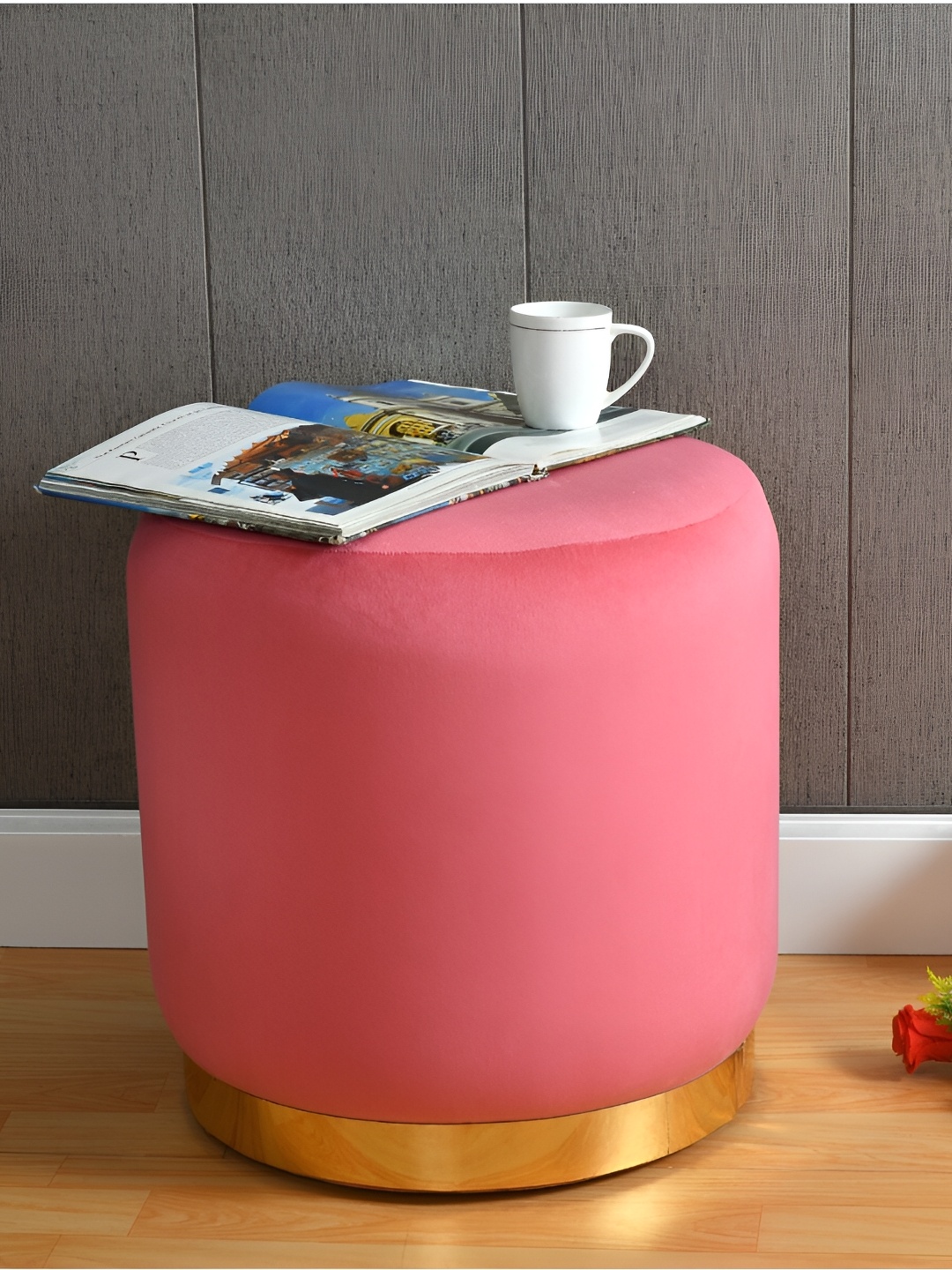 

Shadowkart Pink & Yellow Wooden Sitting Cylindrical Ottoman