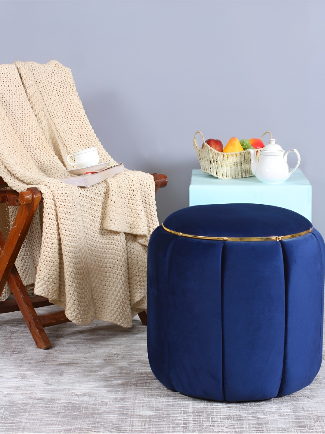 

Shadowkart Blue Wooden & Velvet Round Ottoman