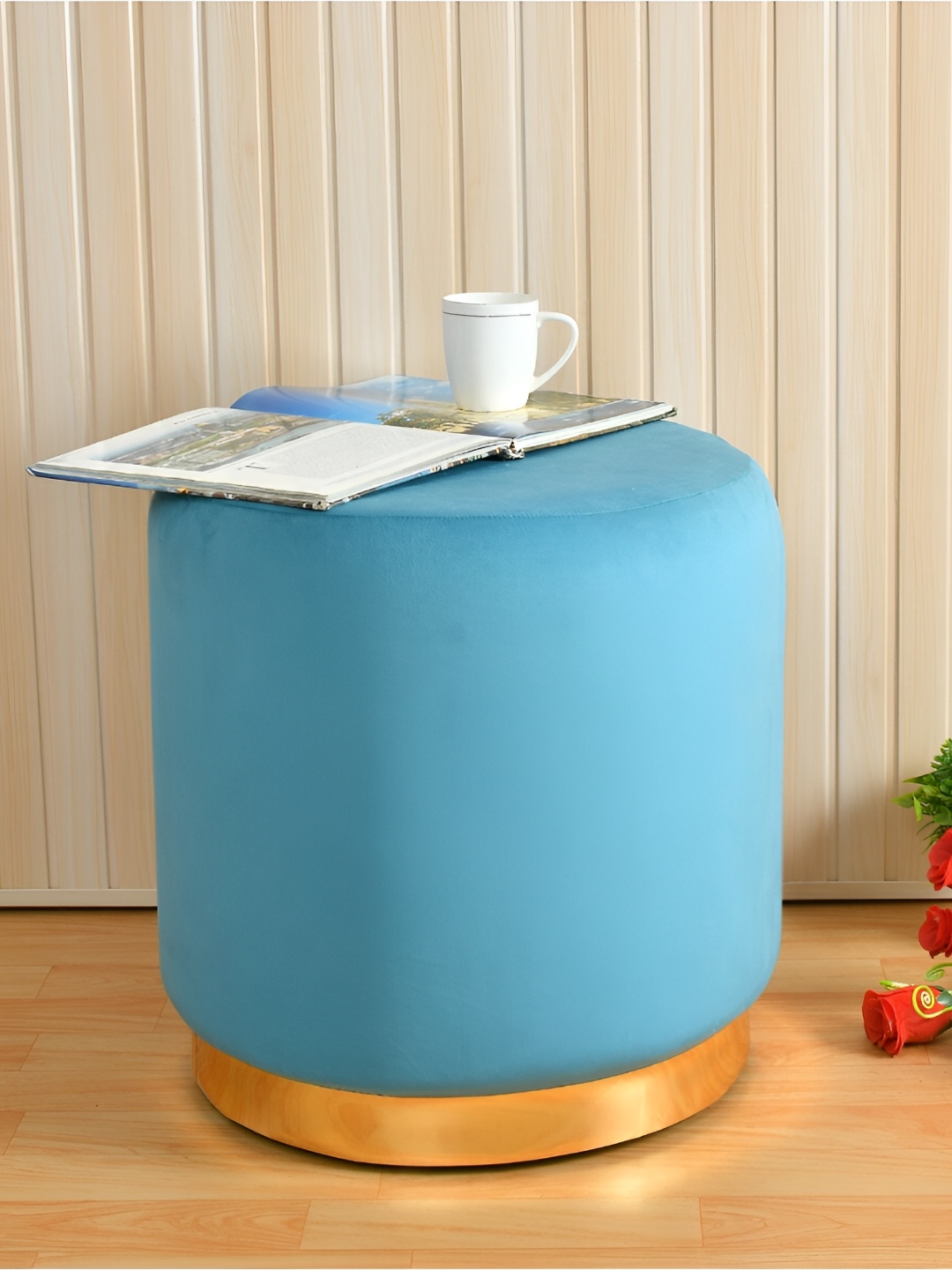 

Shadowkart Blue Wooden & Velvet Round Ottoman