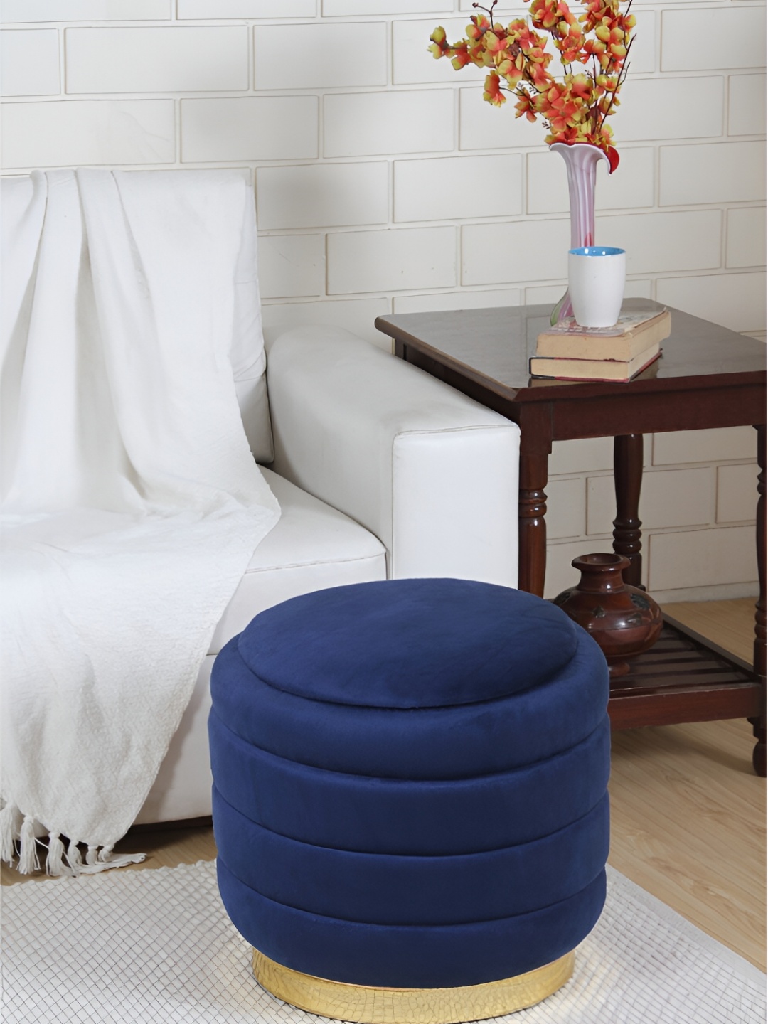 

Shadowkart Navy blue Wooden Round Pouffes Mudda Ottoman