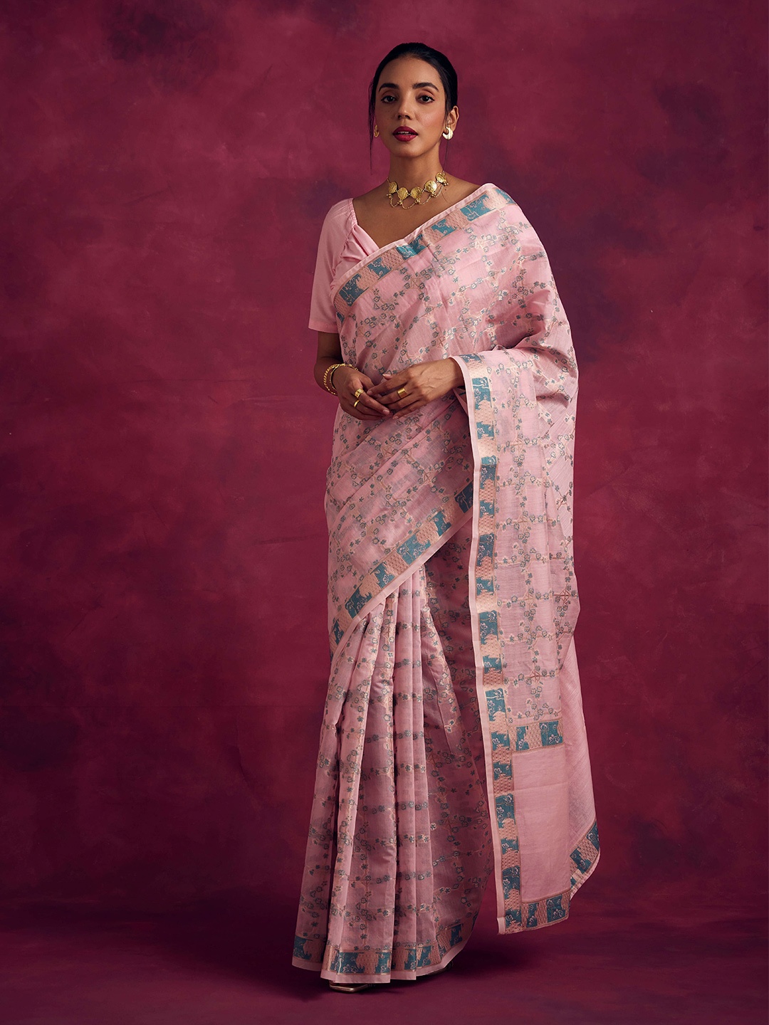 

Abhishti Geometric Woven Design Zari Banarasi Saree, Pink