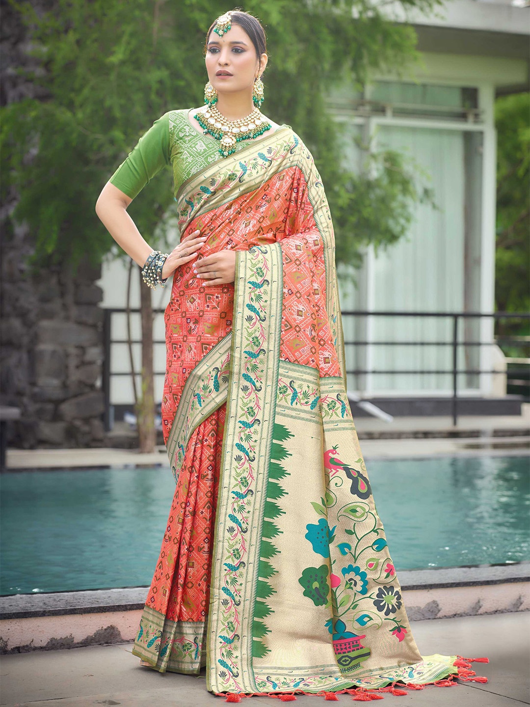 

Mitera Ethnic Motifs Woven Design Zari Patola Saree, Peach
