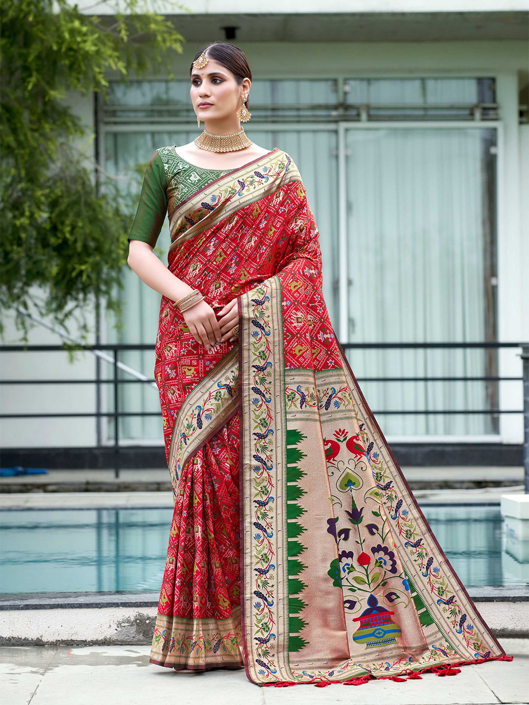 

Mitera Red Floral Woven Design Zari Patola Saree