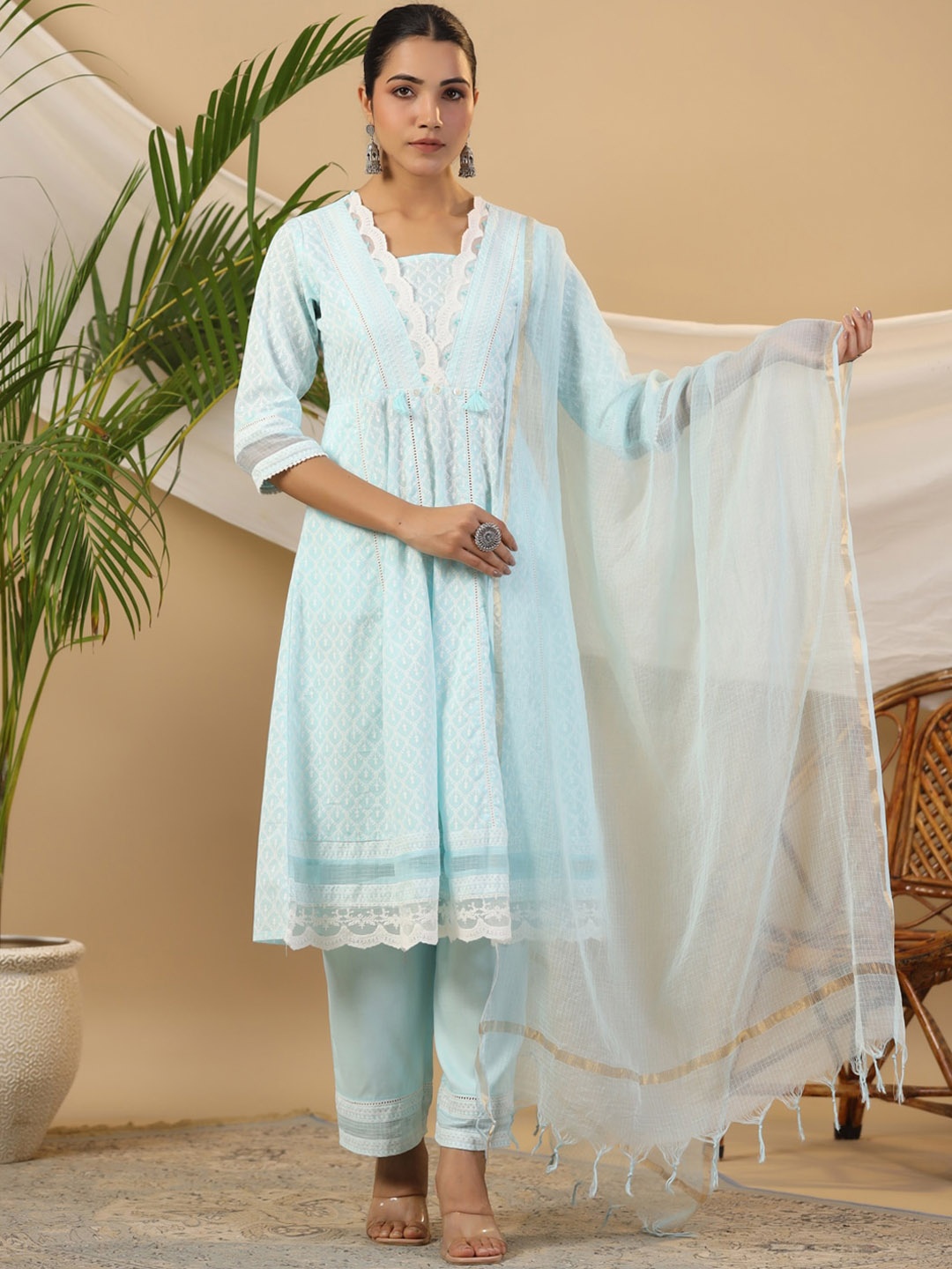 

Juniper V-Neck Printed Regular Gotta Patti Kurta with Trousers & Dupatta, Blue