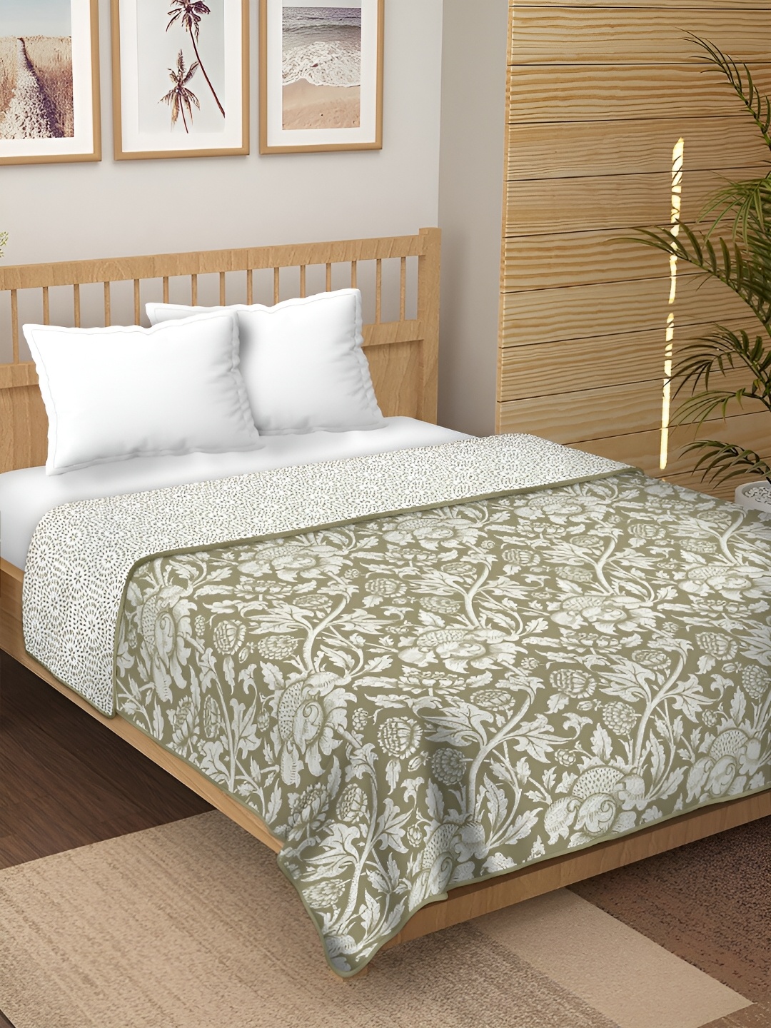 

CHICERY Green & White Floral Pure Cotton AC Room 210 GSM Reversible Single Bed Dohar