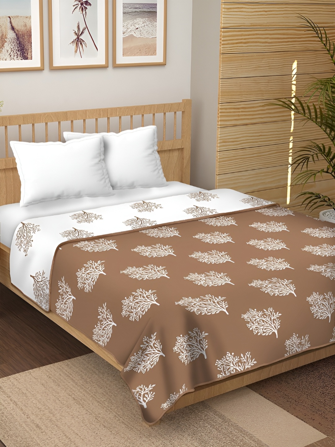 

CHICERY White & Brown Floral Pure Cotton AC Room 210 GSM Reversible Double Bed Dohar