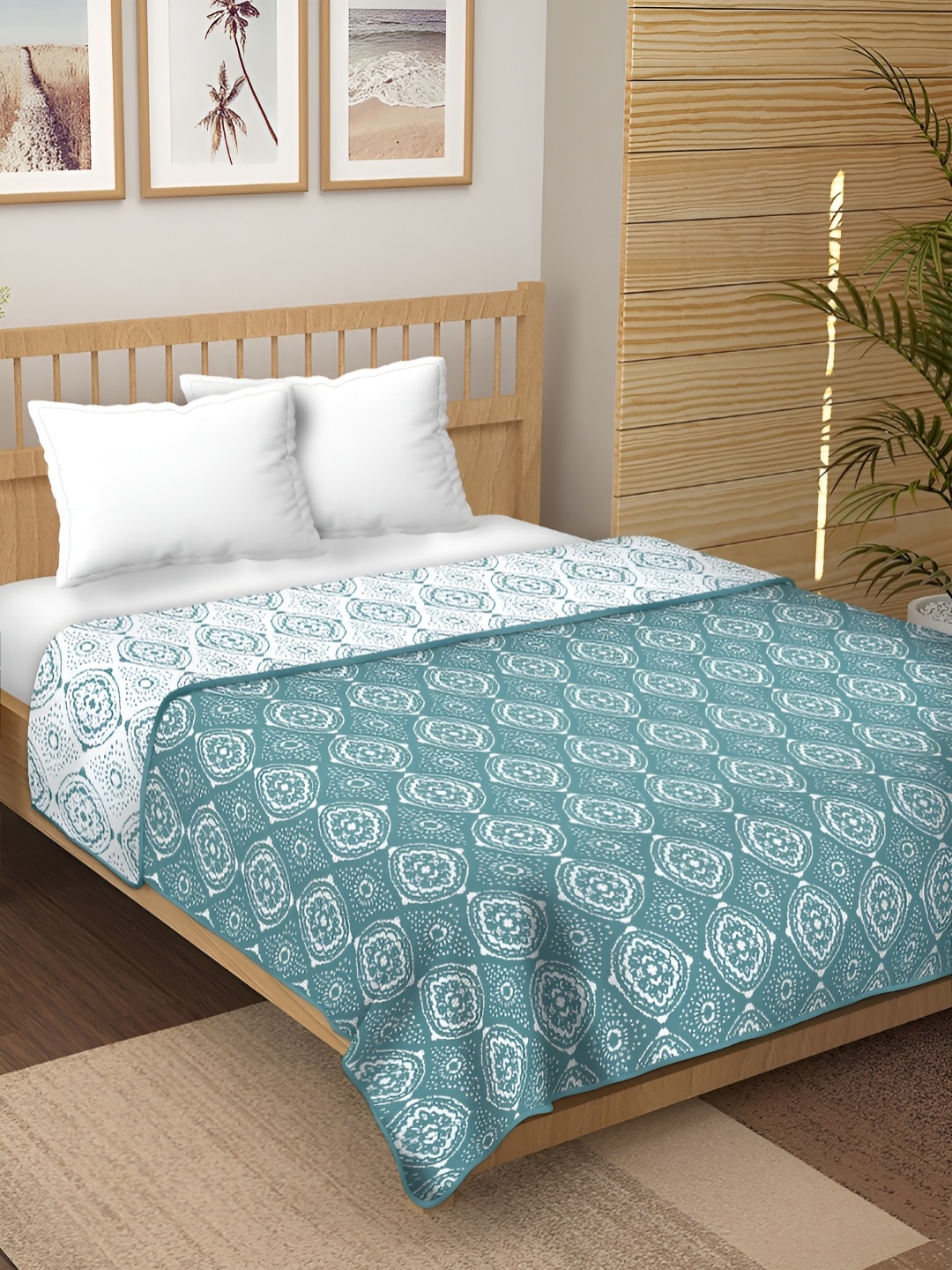 

CHICERY Sea Green & White Floral Pure Cotton AC Room 210 GSM Reversible Single Bed Dohar