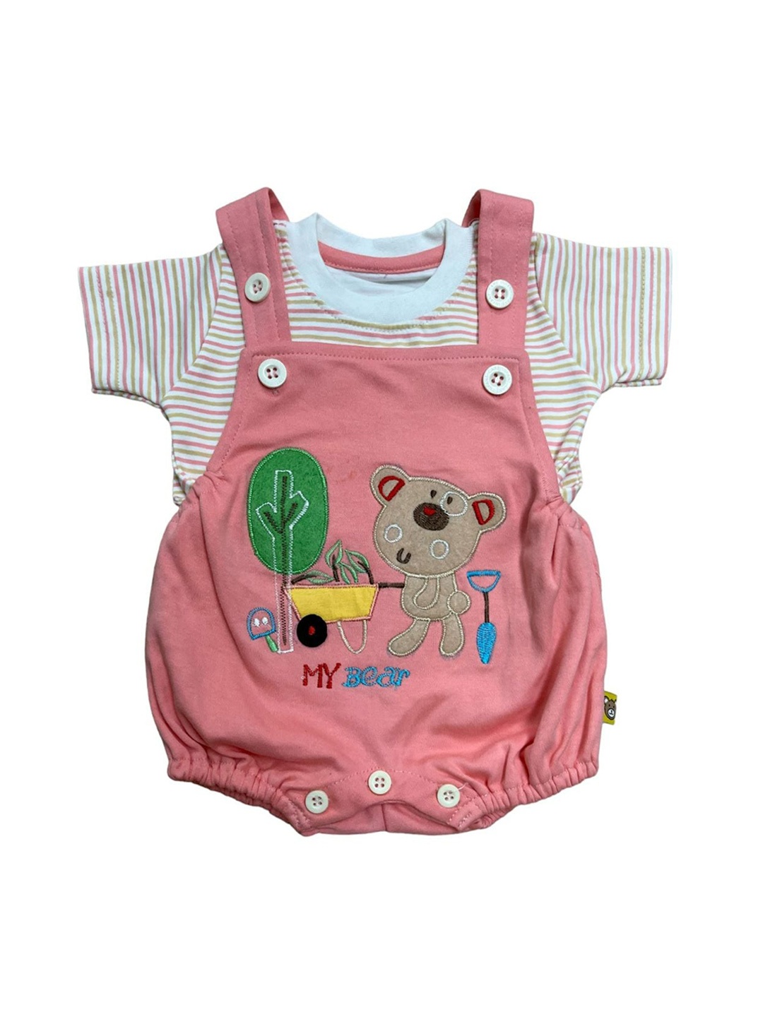 

BAESD Infants Garden Bear Self-Design Organic Cotton Dungaree Set, Peach