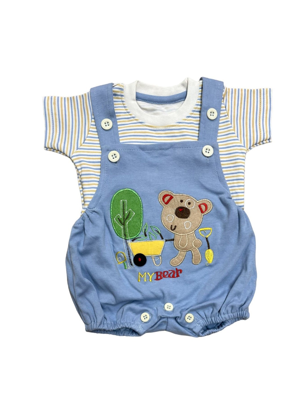 

BAESD Infants Embroidered Cotton Cambric Dungarees With Striped T-Shirt, Blue