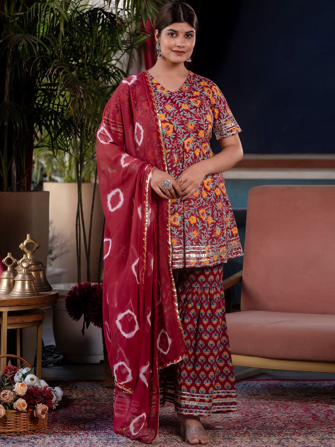 

CELEBRAVO Floral Printed Pleated Gotta Patti Pure Cotton Kurti With Sharara & Dupatta, Maroon