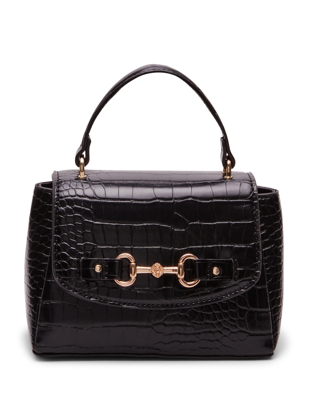 

ANNE KLEIN Croc Textured Structured Satchel Bag with Horse-Bit Detail, Black