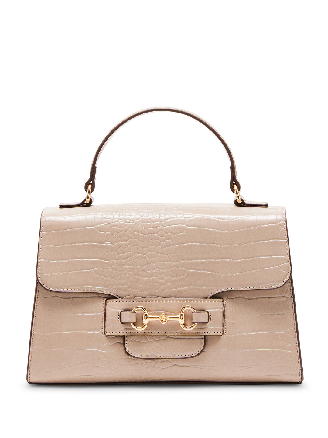 

ANNE KLEIN Croc Textured Structured Satchel Bag with Horse-Bit Detail, Beige