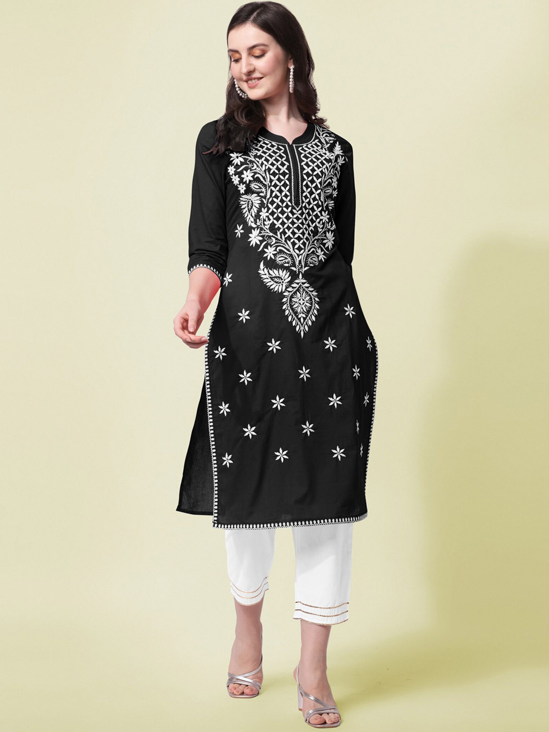 

KALINI Ethnic Motifs Embroidered Round Neck Three-Quarter Sleeves Pure Cotton Kurta Set, Black