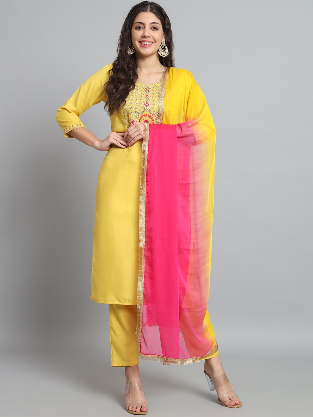 

THE52 Floral Yoke Design Regular Sequinned Kurta with Trousers & With Dupatta, Yellow