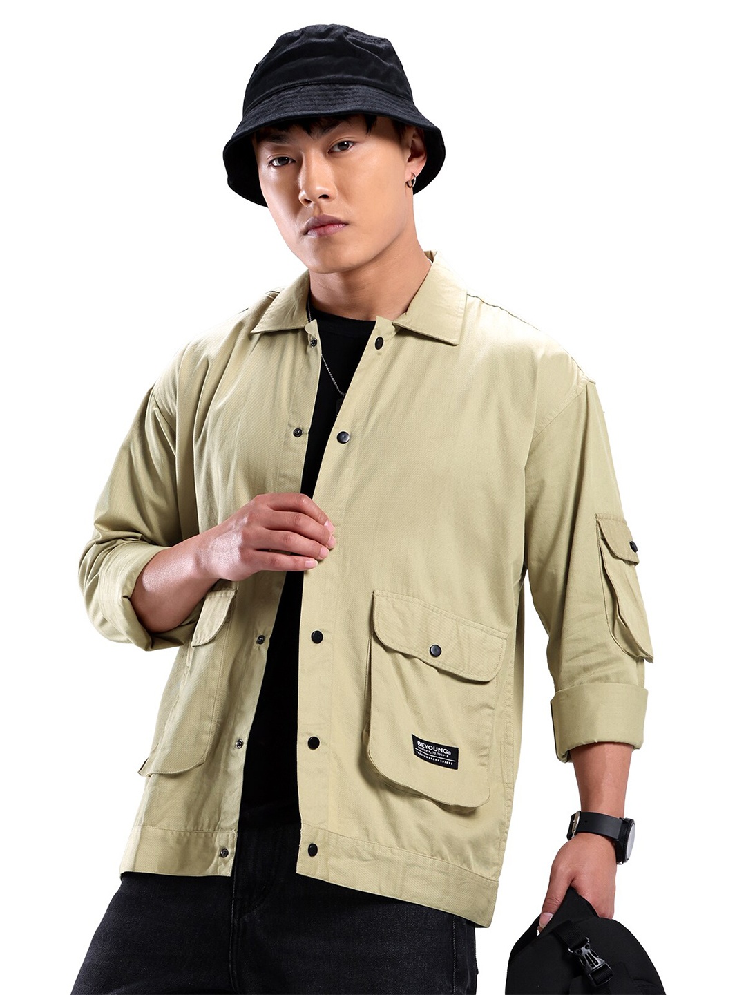 

Beyoung Relaxed Fit Spread Collar Long Sleeves Casual Shirt, Beige