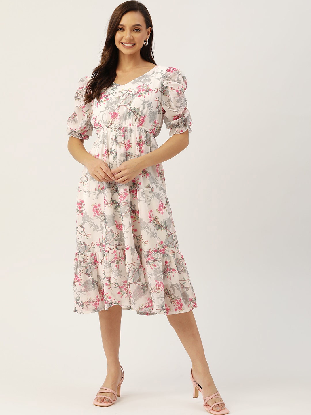 

WISSTLER Floral Print Puff Sleeve Georgette A-Line Midi Dress, White