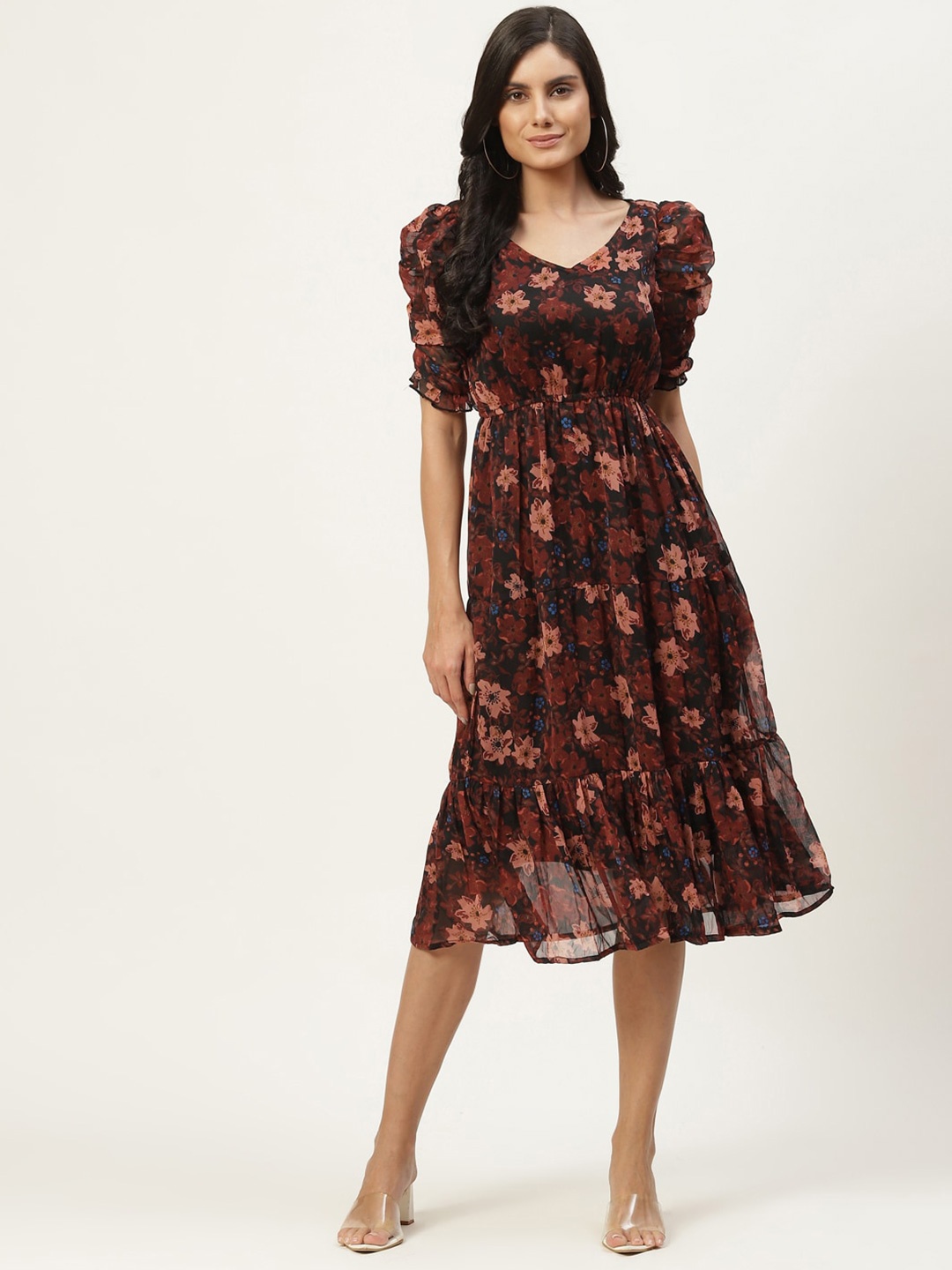 

WISSTLER Floral Print Puff Sleeve Chiffon Fit & Flare Midi Dress, Brown