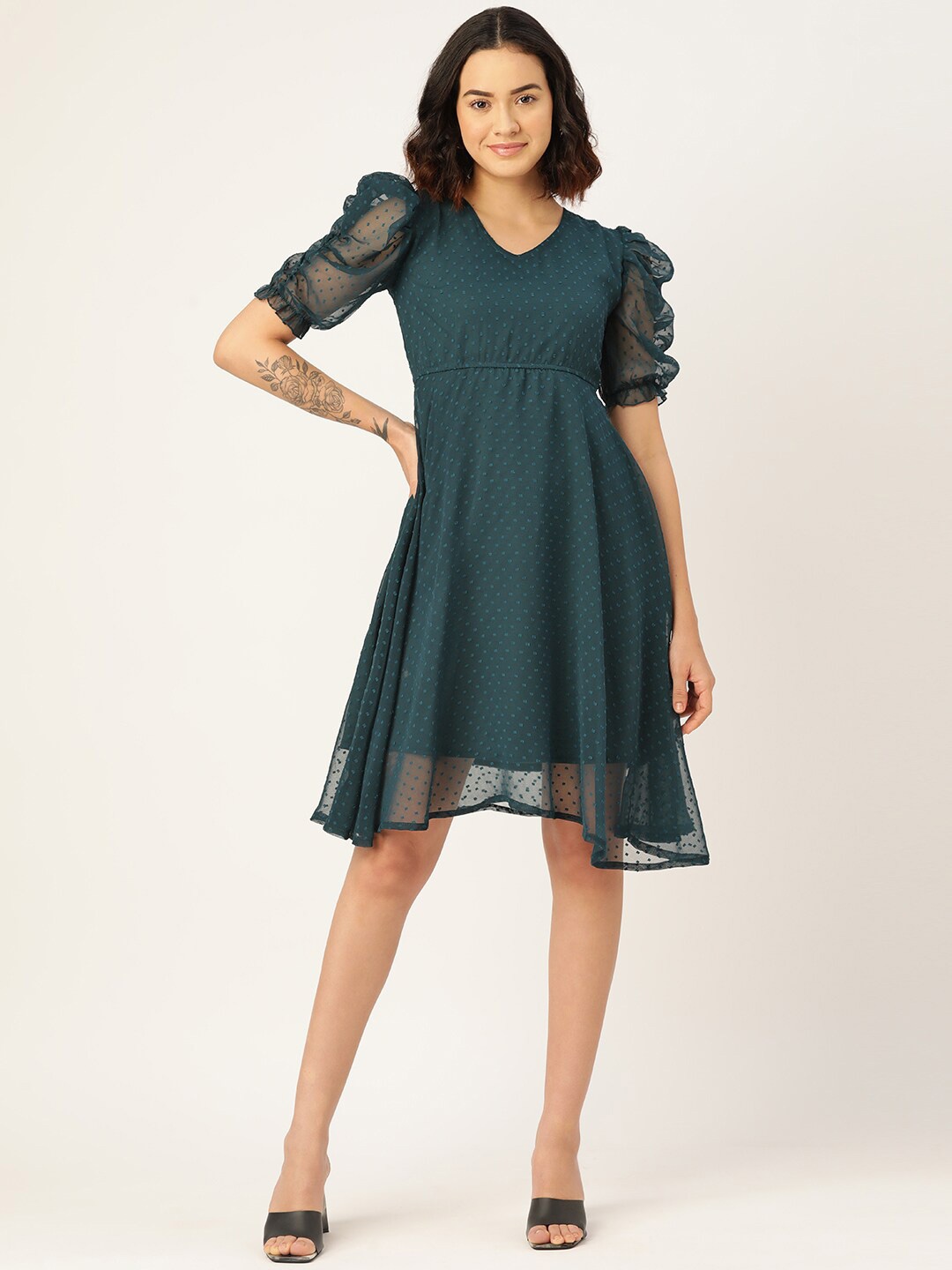 

WISSTLER Puff Sleeve Applique Georgette Fit & Flare Dress, Teal