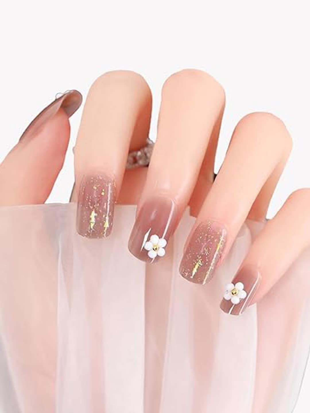

Secret Lives Set Of 24 Translucent 3D Glitter Artificial Nails - Nude Brown+White Flower