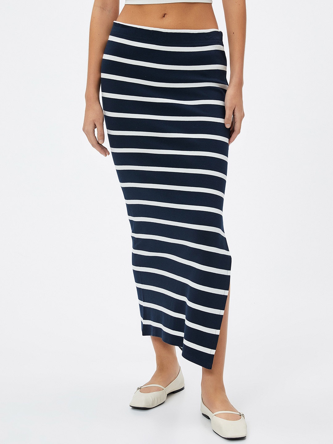 

Koton Striped Pure Cotton A-line Midi Skirts, Navy blue