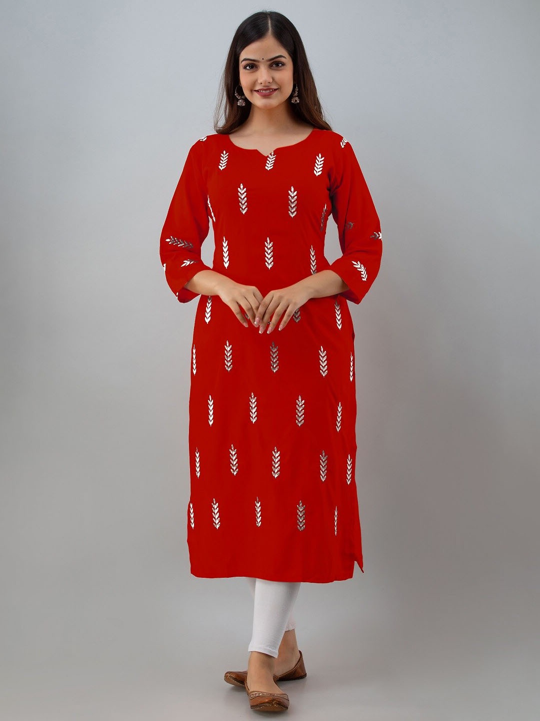

BAESD Floral Embroidered Notch Neck Straight Kurta, Red