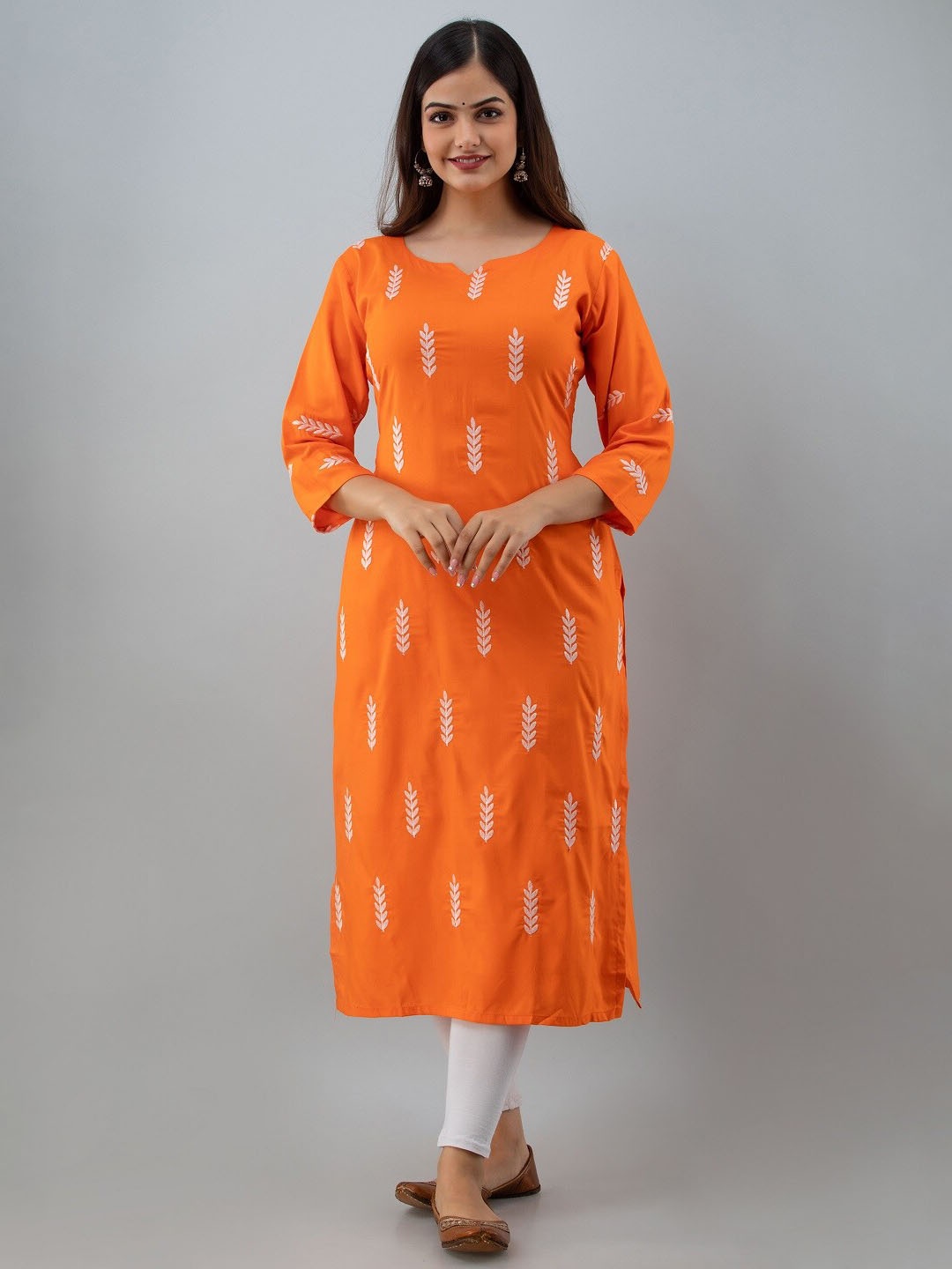 

BAESD Floral Embroidered Notch Neck Straight Kurta, Orange