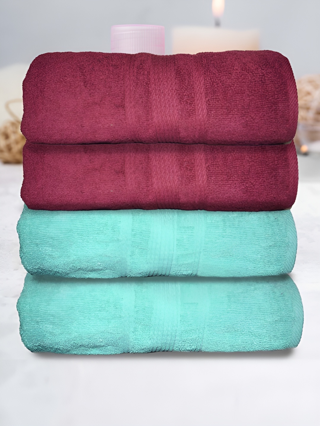 

Athom Living Maroon & Sea Green 4 Pieces Cotton 500 GSM Bath Towels