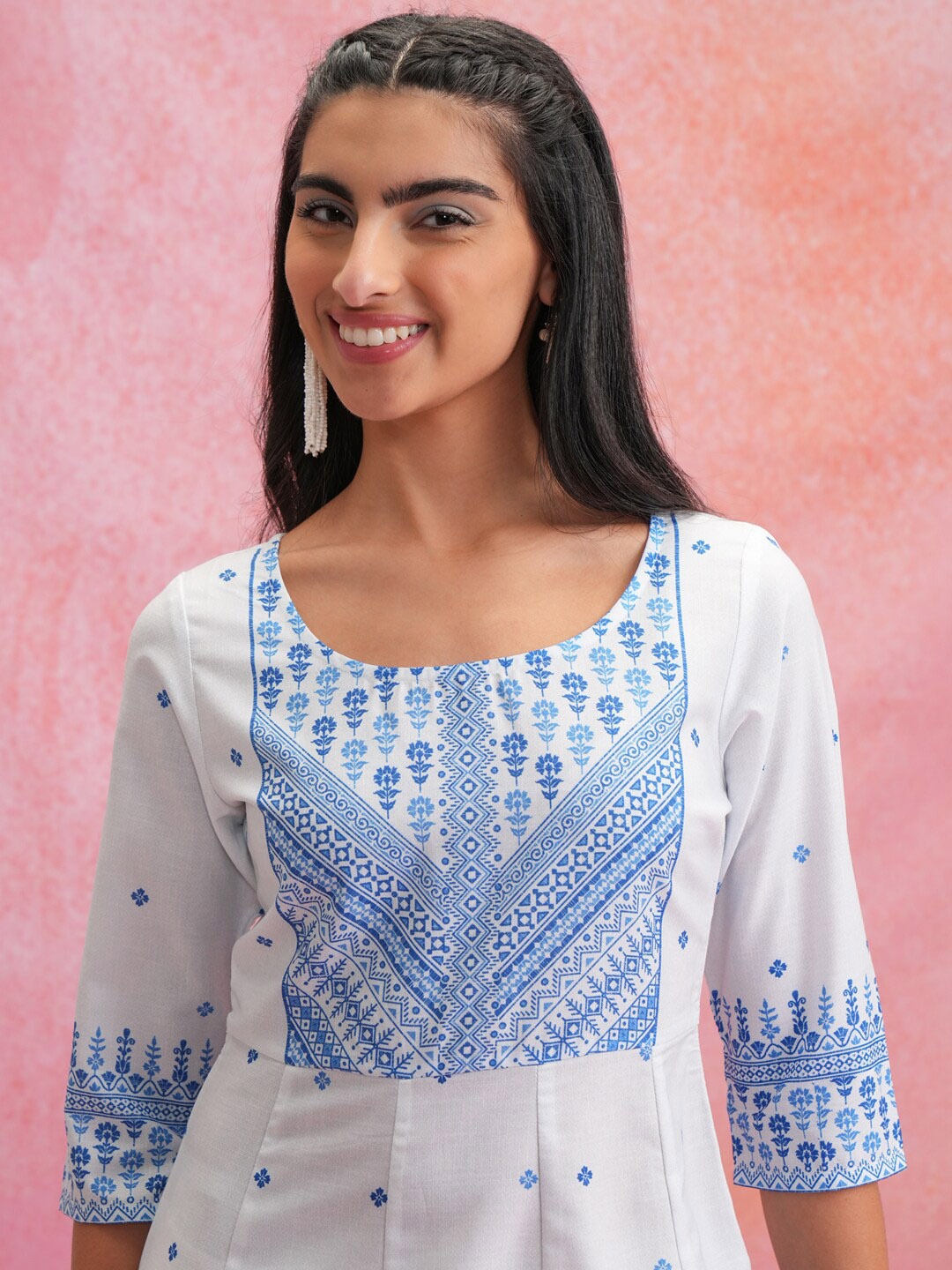 

Vishudh White Ethnic Motifs Printed Round Neck Panelled Anarkali Kurta Kurta